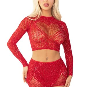 Completino Sexy Rhinestone Crop Top and Mini Skirt Rosso